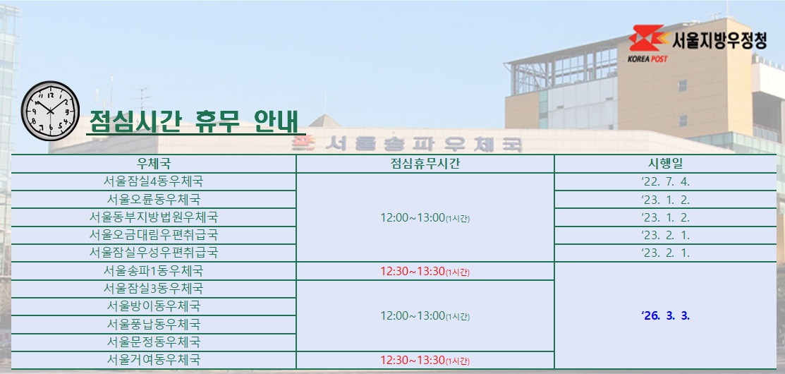 관내국 및 취급국 점심시간 휴무 안내