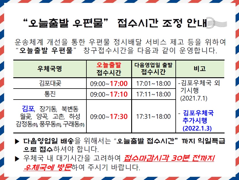오늘출발우편물 1월 3일 실시 안내
