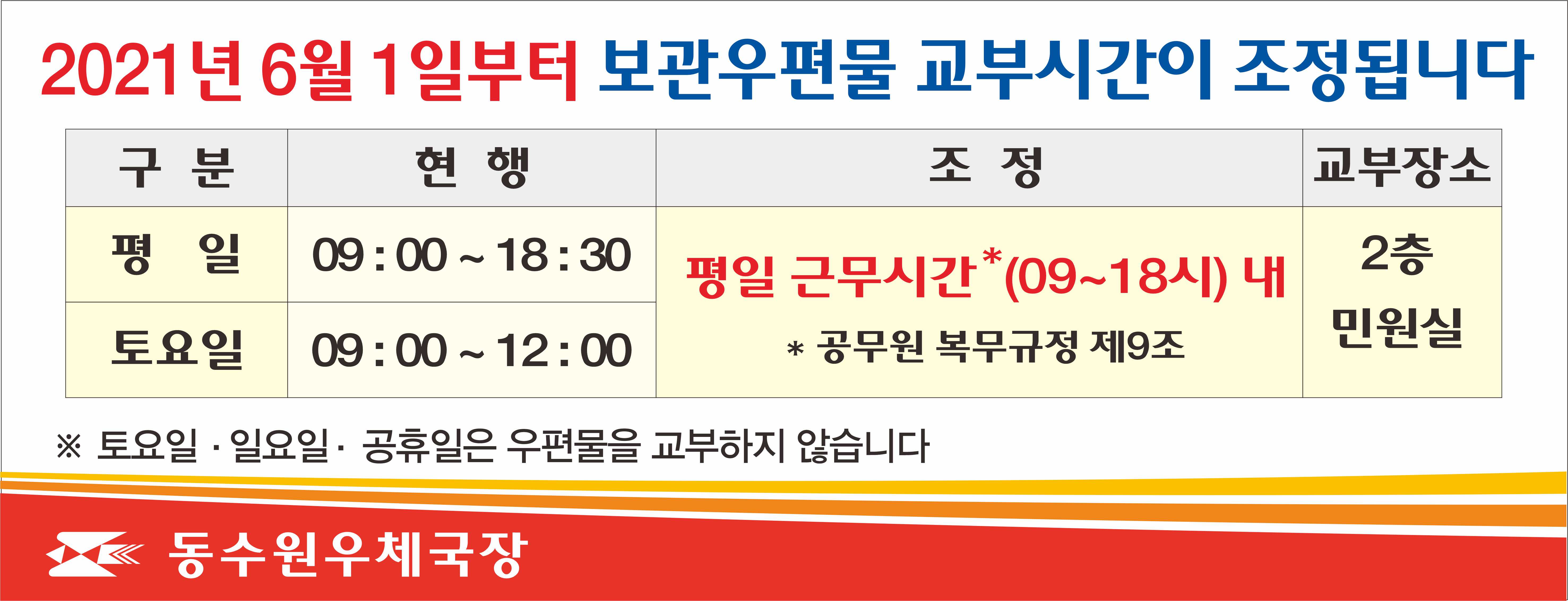 보관우편물 교부시간 조정안내 평일 기존 09:00~18:30 조정 09:00~18:00 토요일,일요일,공휴일 교부없음 시행일자 2021.6.1.