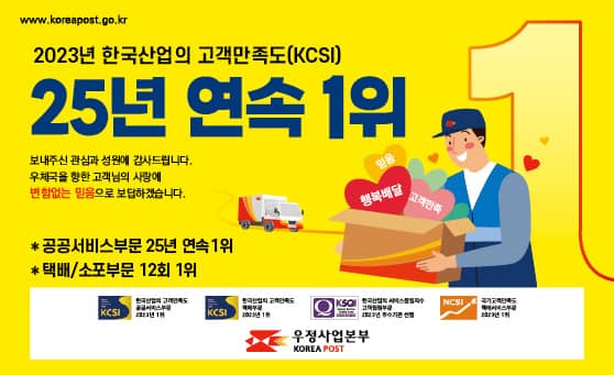 www.koreapost.go.kr
2023년 한국산업의 고객만족도(KCSI)
25년 연속 1위
보내주신 관심과 성원에 감사드릅니다.
우체국을 향한 고객님의 사랑에
변함없는 믿음으로 보답하겠습니다.
*공공서비스부문 25년 연속 1위
*택배/소포부문 12회 1위
한국산업의 고객만족도(KCSI) 공공서비스부문 2023년 1위
한국산업의 고객만족도(KCSI) 택배부문 2023년 1위
한국산업의 서비스품질지수(KSQI) 고객접점부문 2023년 우수기관 선정
국가고객만족도(NCSI) 택배서비스부문 2023년 1위
우정사업본부(KOREA POST)