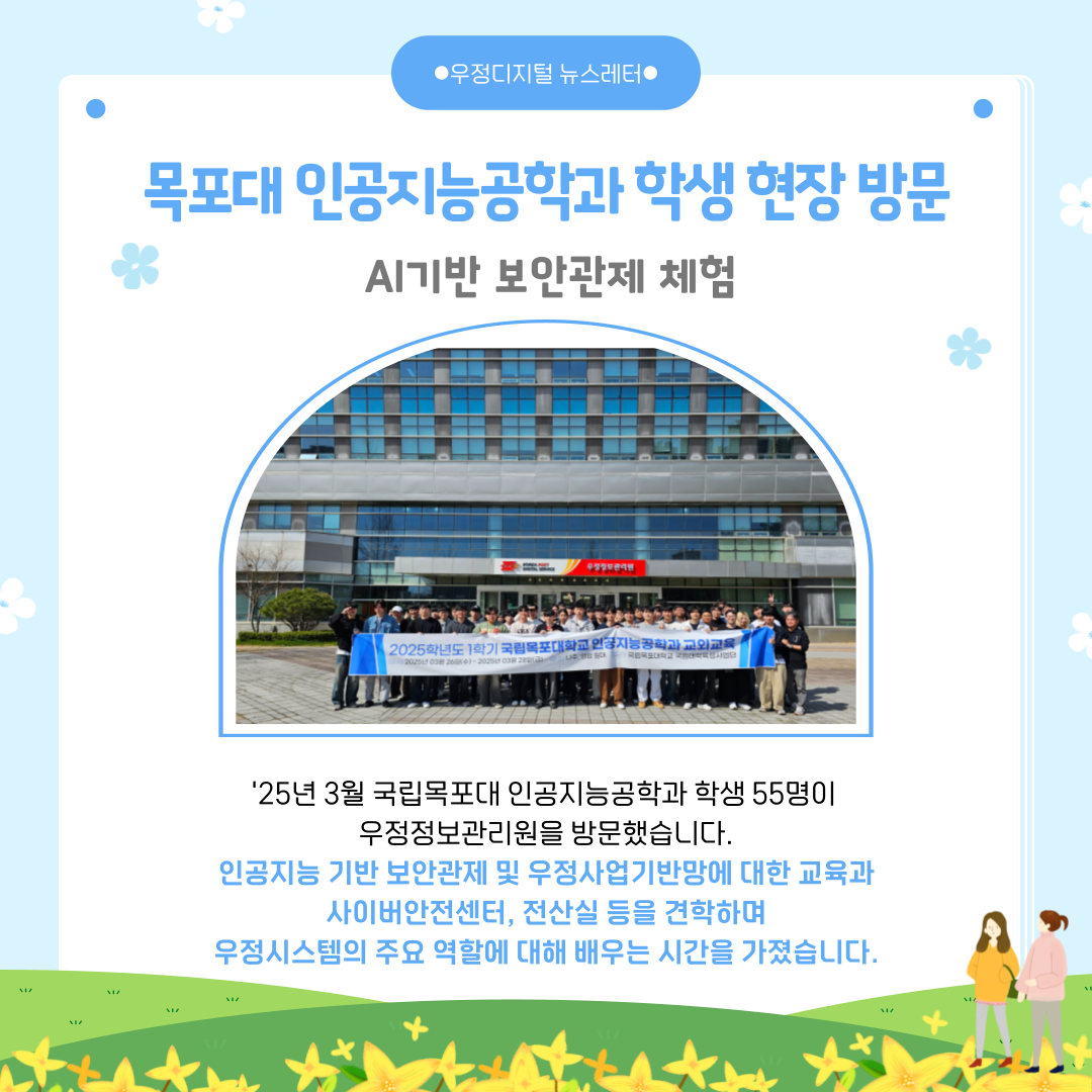 목포대 인공지능공학과 학생 현장방문
AI기반 보안관제 체험
25년 3월 국립목포대 인공지능공학과 학생 55명이 우정정보관리원을 방문했습니다.
인공지능 기반 보안관제 및 우정사업기반망에 대한 교육과 사이버안전센터, 전산실 등을 견학하며 우정시스템의 주요 역할에 대해 배우는 시간을 가졌습니다.