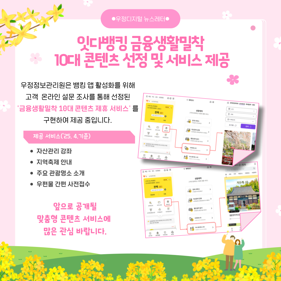 잇다뱅킹 금융생활밀착 10대 콘텐츠 선정 및 서비스 제공
우정정보관리원은 뱅킹 앱 활성화를 위해 고객 온라인 설문 조사를 통해 선정된 금융생활밀착 10대 콘텐츠 제휴 서비스를 구현하여 제공 중입니다.
제공서비스(25년 4월 기준)
자산관리 강좌, 지역축제 안내, 주요 관광명소 소개, 우편물 간편 사전접수
앞으로 공개될 맞춤형 콘텐츠 서비스에 많은 관심 바랍니다.