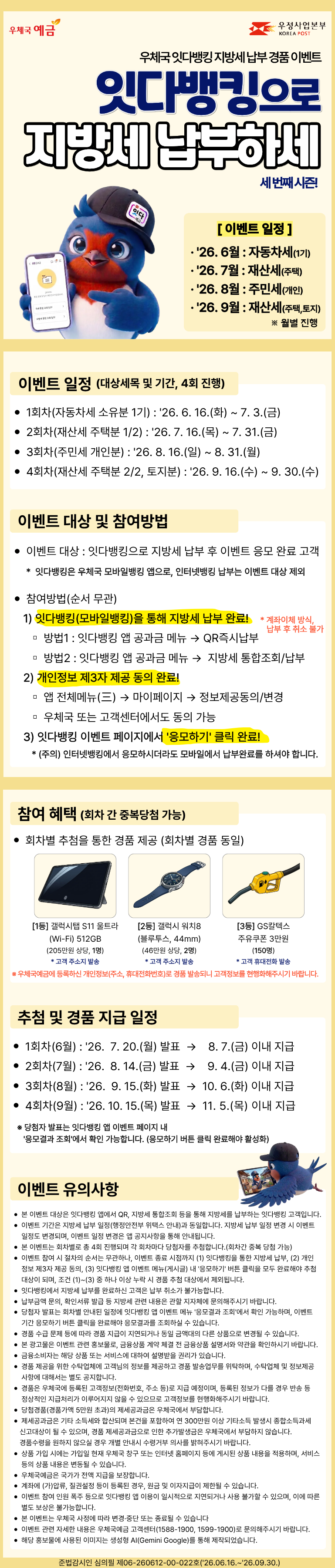 우체국 잇다뱅킹 지방세 납부 경품 이벤트, 잇다뱅킹으로 지방세&nbsp;납부하세 세번째 시즌!
[이벤트 일정(월별 진행)]
· 2026. 6월 : 자동차세(1기)
· 2026. 7월 : 재산세(주택)
· 2026. 8월 : 주민세(개인)
· 2026. 9월 : 재산세(주택,토지)

[이벤트 일정(대상세목 및 기간, 4회 진행)]
1회차(자동차세 소유분 1기) : 2026. 6. 16.(화) ~ 7. 3.(금)
2회차(재산세 주택분 1/2) : 2026. 7. 16.(목) ~ 7. 31.(금)
3회차(주민세 개인분) : 2026. 8. 16.(일) ~ 8. 31.(월)
4회차(재산세 주택분 2/2, 토지분) : 2026. 9. 16.(수) ~ 9. 30.(수)

[이벤트 대상 및 참여방법]
이벤트 대상 : 잇다뱅킹으로 지방세 납부 후 이벤트 응모 완료 고객
&nbsp; * 잇다뱅킹은 우체국 모바일뱅킹 앱으로, 인터넷뱅킹 납부는 이벤트 대상 제외

참여방법(순서 무관)
&nbsp; &nbsp;1) 잇다뱅킹(모바일뱅킹)을 통해 지방세 납부 완료!
      (계좌이체 방식으로 납부 후 취소 불가합니다.)
&nbsp; &nbsp; &nbsp;▫ 방법1 : 잇다뱅킹 앱 공과금 메뉴 → QR즉시납부
&nbsp; &nbsp; &nbsp;▫ 방법2 : 잇다뱅킹 앱 공과금 메뉴 →&nbsp; 지방세 통합조회/납부
&nbsp; &nbsp;2) 개인정보 제3자 제공 동의 완료!
&nbsp; &nbsp; &nbsp;▫ 앱 전체메뉴(三) → 마이페이지 → 정보제공동의/변경
&nbsp; &nbsp; &nbsp;▫ 우체국 또는 고객센터에서도 동의 가능
&nbsp; &nbsp;3) 잇다뱅킹 이벤트 페이지에서 20응모하기20 클릭 완료!
&nbsp; &nbsp; &nbsp;* (주의) 인터넷뱅킹에서 응모하시더라도 모바일에서 납부완료를 하셔야 합니다.

[참여 혜택(회차 간 중복당첨 가능)]
회차별 추첨을 통한 경품 제공 (회차별 경품 동일)
[1등] 갤럭시탭 S11 울트라(Wi-Fi) 512GB(205만원 상당, 1명), 고객 주소지 발송
[2등] 갤럭시 워치8(블루투스, 44mm)(46만원 상당, 2명), 고객 주소지 발송
[3등] GS칼텍스 주유쿠폰 3만원(150명), 고객 휴대전화 발송
 ※ 우체국예금에 등록하신 개인정보(주소, 휴대전화번호)로 경품 발송되니 고객정보를 현행화해주시기 바랍니다.

[추첨 및 경품 지급 일정]
1회차(6월) : 2026.&nbsp; 7. 20.(월) 발표&nbsp; →&nbsp; &nbsp; 8. 7.(금) 이내 지급
2회차(7월) : 2026.&nbsp; 8. 14.(금) 발표&nbsp; →&nbsp; &nbsp; 9. 4.(금) 이내 지급
3회차(8월) : 2026.&nbsp; 9. 15.(화) 발표&nbsp; →&nbsp; 10. 6.(화) 이내 지급
4회차(9월) : 2026. 10. 15.(목) 발표&nbsp; →&nbsp;&nbsp;11. 5.(목) 이내 지급
※ 당첨자 발표는 잇다뱅킹 앱 이벤트 페이지 내 20응모결과 조회20에서 확인 가능합니다. (응모하기 버튼 클릭 완료해야 활성화)

[이벤트 유의사항]
-본 이벤트 대상은 잇다뱅킹 앱에서 QR, 지방세 통합조회 등을 통해 지방세를 납부하는 잇다뱅킹 고객입니다.
-이벤트 기간은 지방세 납부 일정(행정안전부 위택스 안내)과 동일합니다. 지방세 납부 일정 변경 시 이벤트 일정도&nbsp;변경되며, 이벤트 일정 변경은 앱 공지사항을 통해 안내됩니다.
-본 이벤트는 회차별로 총 4회 진행되며 각 회차마다 당첨자를 추첨합니다.(회차간 중복 당첨 가능)
-이벤트 참여 시 절차의 순서는 무관하나, 이벤트 종료 시점까지 (1) 잇다뱅킹을 통한 지방세 납부, (2) 개인정보 제3자 제공 동의, (3) 잇다뱅킹 앱 이벤트 메뉴(게시글) 내 20응모하기20 버튼 클릭을 모두 완료해야 추첨대상이 되며, 조건 (1)~(3) 중 하나 이상 누락 시 경품 추첨 대상에서 제외됩니다.
-잇다뱅킹에서 지방세 납부를 완료하신 고객은 납부 취소가 불가능합니다.
-납부금액 문의, 확인서류 발급 등 지방세 관련 내용은 관할 지자체에 문의해주시기 바랍니다.&nbsp;
-당첨자 발표는 회차별 안내된 일정에 잇다뱅킹 앱 이벤트 메뉴 20응모결과 조회20에서 확인 가능하며, 이벤트 기간 응모하기 버튼 클릭을 완료해야 응모결과를 조회하실 수 있습니다.
-경품 수급 문제 등에 따라 경품 지급이 지연되거나 동일 금액대의 다른 상품으로 변경될 수 있습니다.
-본 광고물은 이벤트 관련 홍보물로, 금융상품 계약 체결 전 금융상품 설명서와 약관을 확인하시기 바랍니다.
-금융소비자는 해당 상품 또는 서비스에 대하여 설명받을 권리가 있습니다.
-경품 제공을 위한 수탁업체에 고객님의 정보를 제공하고 경품 발송업무를 위탁하며, 수탁업체 및 정보제공 사항에&nbsp;대해서는 별도 공지합니다.
-경품은 우체국에 등록된 고객정보(전화번호, 주소 등)로 지급 예정이며, 등록된 정보가 다를 경우 반송 등 정상적인&nbsp;지급처리가 이루어지지 않을 수 있으므로 고객정보를 현행화해주시기 바랍니다.
-당첨경품(경품가액 5만원 초과)의 제세공과금은 우체국에서 부담합니다.&nbsp;
-제세공과금은 기타 소득세와 합산되며 본건을 포함하여 연 300만원 이상 기타소득 발생시 종합소득과세 신고대상이 될 수 있으며, 경품 제세공과금으로 인한 추가발생금은 우체국에서 부담하지 않습니다. 경품수령을 원하지 않으실 경우 개별 안내시 수령거부 의사를 밝혀주시기 바랍니다.
-상품 가입 시에는 가입일 현재 우체국 창구 또는 인터넷 홈페이지 등에 게시된 상품 내용을 적용하며, 서비스 등의&nbsp;상품 내용은 변동될 수 있습니다.
-우체국예금은 국가가 전액 지급을 보장합니다.
-계좌에 (가)압류, 질권설정 등이 등록된 경우, 원금 및 이자지급이 제한될 수 있습니다.
-이벤트 참여 인원 폭주 등으로 잇다뱅킹 앱 이용이 일시적으로 지연되거나 사용 불가할 수 있으며, 이에 따른 별도 보상은 불가능합니다.
-본 이벤트는 우체국 사정에 따라 변경·중단 또는 종료될 수 있습니다
-이벤트 관련 자세한 내용은 우체국예금 고객센터(1588-1900, 1599-1900)로 문의해주시기 바랍니다.
-해당 홍보물에 사용된 이미지는 생성형 AI(Gemini Google)를 통해 제작되었습니다.

준법감시인 심의필 제06-260612-00-022호(2026.06.16.~2026.09.30.)