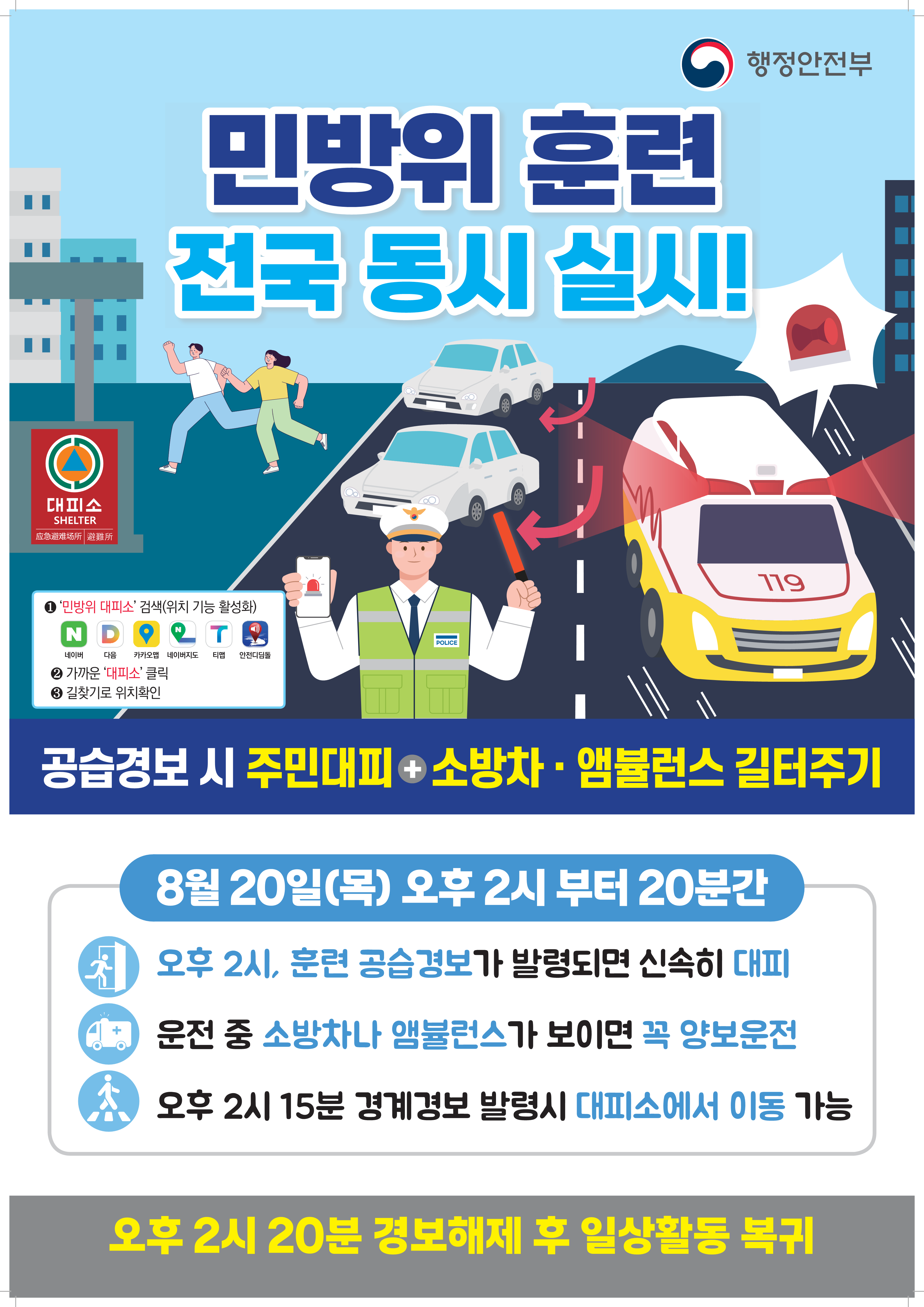 행정안전부
민방위 훈련 전국 동시 실시! 
1)민방위 대피소검색(위치 기능 활성화)
네이버 다음 카카오맵 네이버지도 티맵 안전디딤돌
2)가까운 대피소클릭
3)길찾기로 위치확인
공습경보 시 주민대피+소방차 및 앰뷸란스 길터기주기
8월 20일(목) 오후2시부터 20분간
오후2시, 훈련 공습경보가 발령되면 신속히 대피
운전 중 소방차나 앰불란스가 보이면 꼭 양보운전
오후 2시 15분 경계경보 발령시 대피소에서 이동 가능
오후 2시 20분 경보해제 후 일상활동 복귀  