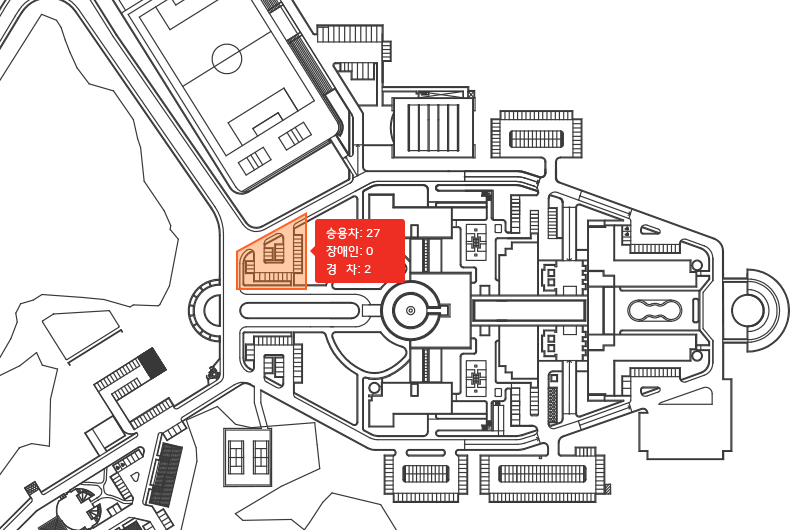 제1주차장 평면도(평면도 하단에 특정 주차장 선택 시 해당 주차장이 표시된 평면도를 볼 수 있습니다)
