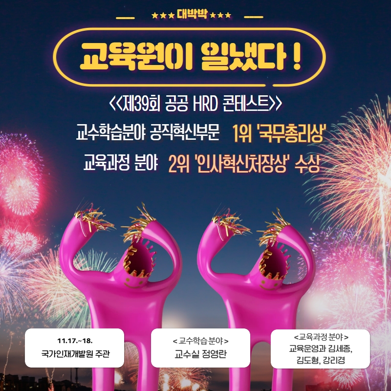 대박박 교육원이 일냈다! 제39회 공공HRD 콘테스트 교수학습분야 공직혁신부문 1위 국무총리상 교육과정 분야 2위 인사혁신처장상 수상 11.17.~18. 국가인재개발원 주관 <교수학습분야>교수실 정영랑 <교육과정 분야> 교육운영과 김세종, 김도형, 강리경 