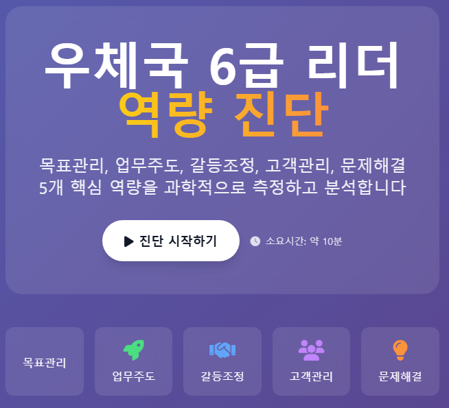 우체국 6급 리더 역량진단
목표관리, 업무주도, 갈등조정, 고객관리, 문제해결 5개 핵심 역량을 과학적으로 측정하고 분석합니다.

진단 시작하기

목표관리 업무주도 갈등조정 고객관리 문제해결

