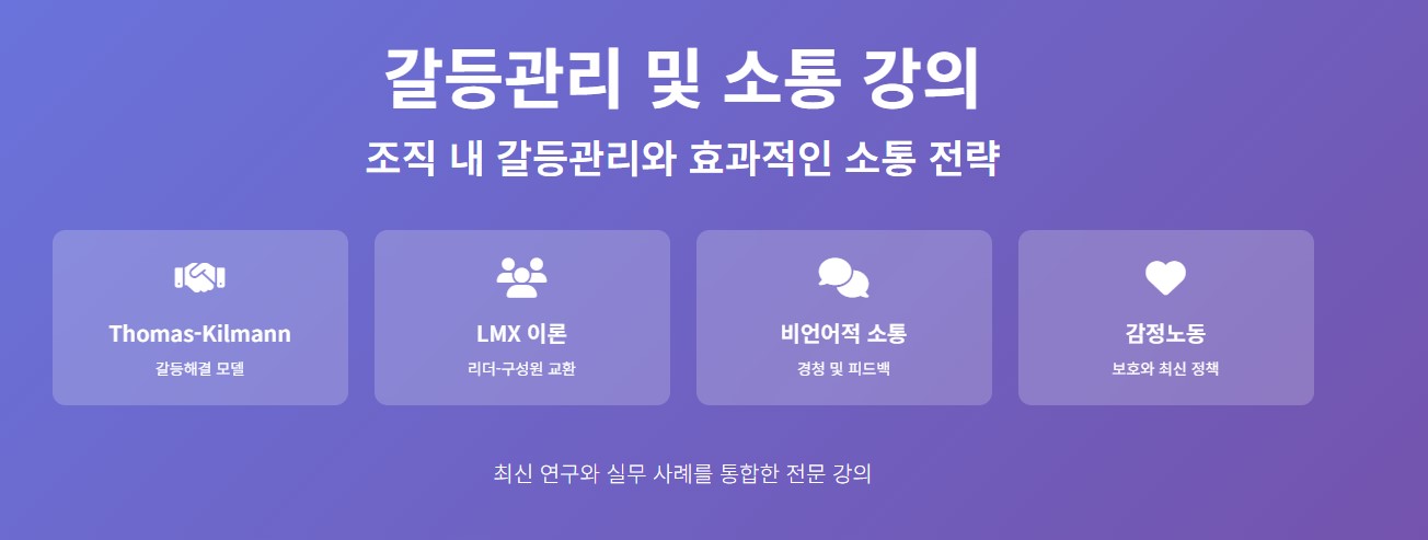 갈등관리 및 소통 강의
조직 내 갈등관리와 효과적인 소통 전략
Thomas-Kilmann
갈등해결 모델

LMX 이론
리더-구성원 교환

비언어적 소통
경청 및 피드백

감정노동
보호와 최신 정책

최신 연구와 실무 사례를 통합한 전문 강의