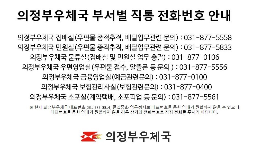 의정부우체국 부서별 직통 전화번호 안내