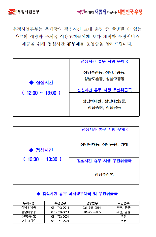 점심시간 휴무제 고객안내문