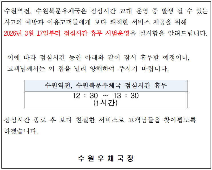 수원역전, 수원북문우체국은 점심시간 교대 운영 중 발생 될 수 있는 사고의 예방과 이용고객들에게 보다 쾌적한 서비스 제공을 위해 2026년 3월 17일부터 점심시간 휴무 시범운영을 실시함을 알려드립니다.
이에 따라 점심시간 동안 아래와 같이 잠시 휴무할 예정이니, 고객님께서는 이 점을 널리 양해하여 주시기 바랍니다.
수원역전, 수원북문우체국 점심시간 휴무
12:30~13:30(1시간)
점심시간 종료 후 보다 친절한 서비스로 고객님들을 찾아뵙도로 하겠습니다.

수원우체국장