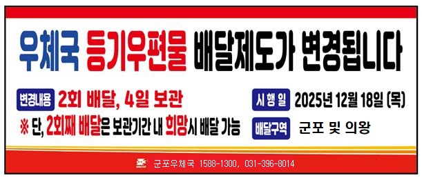 우체국 등기우편물 배달제도가 변경됩니다. 
변경내용 2회 배달, 4일 보관
 *단 2회째 배달은 보관기간 내 희망시 배달가능 
시행일 2025년 12월 18일(목) 
배달구역 군포 및 의왕,  군포우체국 1588-1300, 031-396-8014
