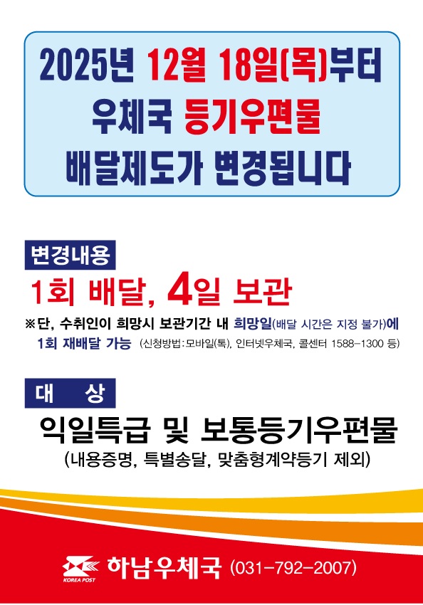 2025년 12월 18일(목)부터 우체국 등기우편물 배달제도가 변경됩니다.

변경내용 : 1회 배달, 4일 보관
(단, 수취인이 희망시 보관기간 내 희망일에 1회 재배달 가능, 배달 시간은 지정 불가)

대상 : 익일특급 및 보통등기우편물
(내용증명, 특별송달, 맞춤형계약등기 제외)